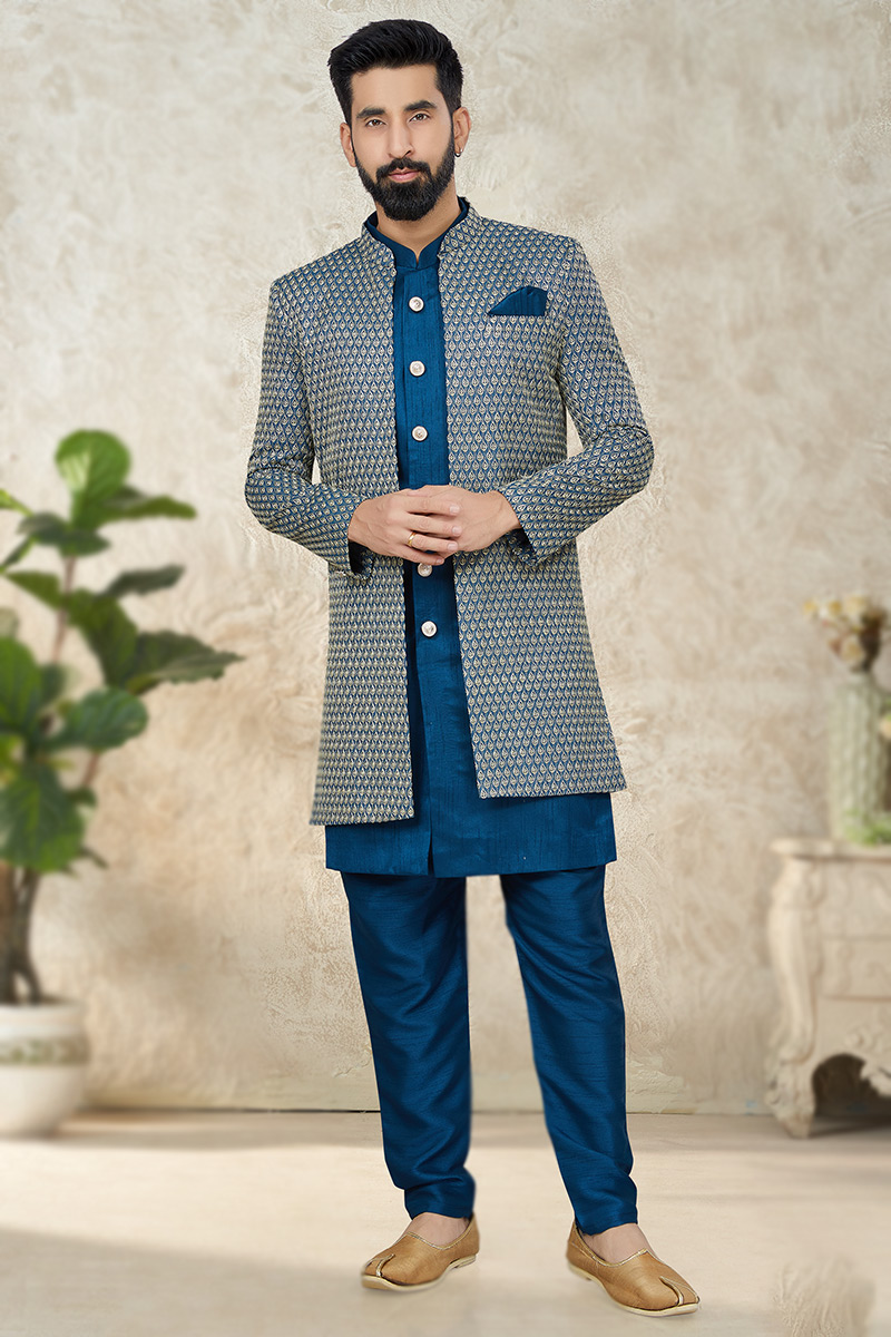Stylish Men's Embroidered Jacket Style Sherwani in Sea Blue