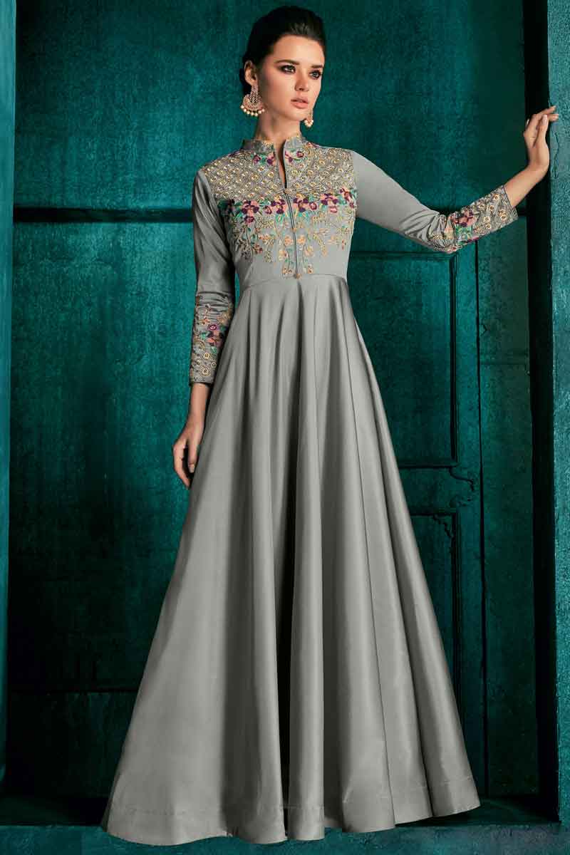 Buy Taffeta Silk Light Grey Resham Designer Gown Online - LSTV03416 | Andaaz Fashion Buy Taffeta Silk Light Grey Resham Designer Gown Online - LSTV03416 | Andaaz Fashion