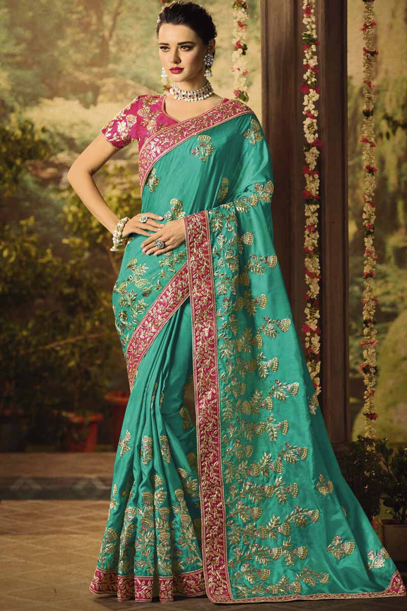 Teal Saree Sari Indian Soft Lichi Silk Bollywood Wedding Party Wear Fabric  Dress