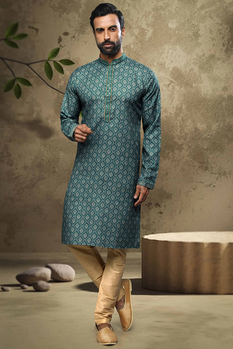 Buy Prom Plus Size Dress Cotton Teal Blue Men Kurta Churidar MKPA02427