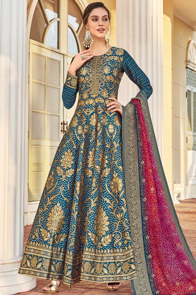Teal Blue Jacquard Ankle Length Anarkali Suit