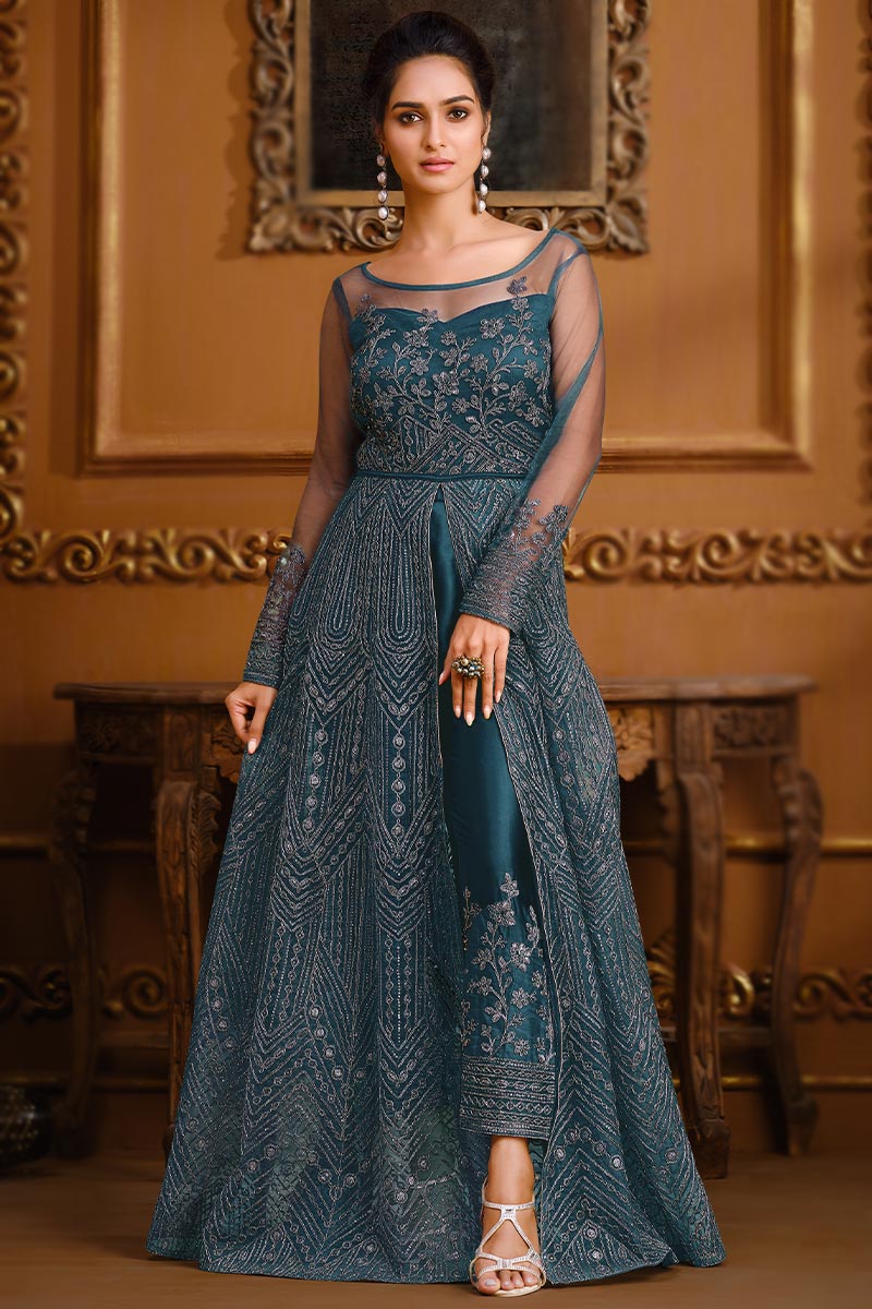 Wedding Collection Anarkali Suit in Teal Blue Embroidered Fabric