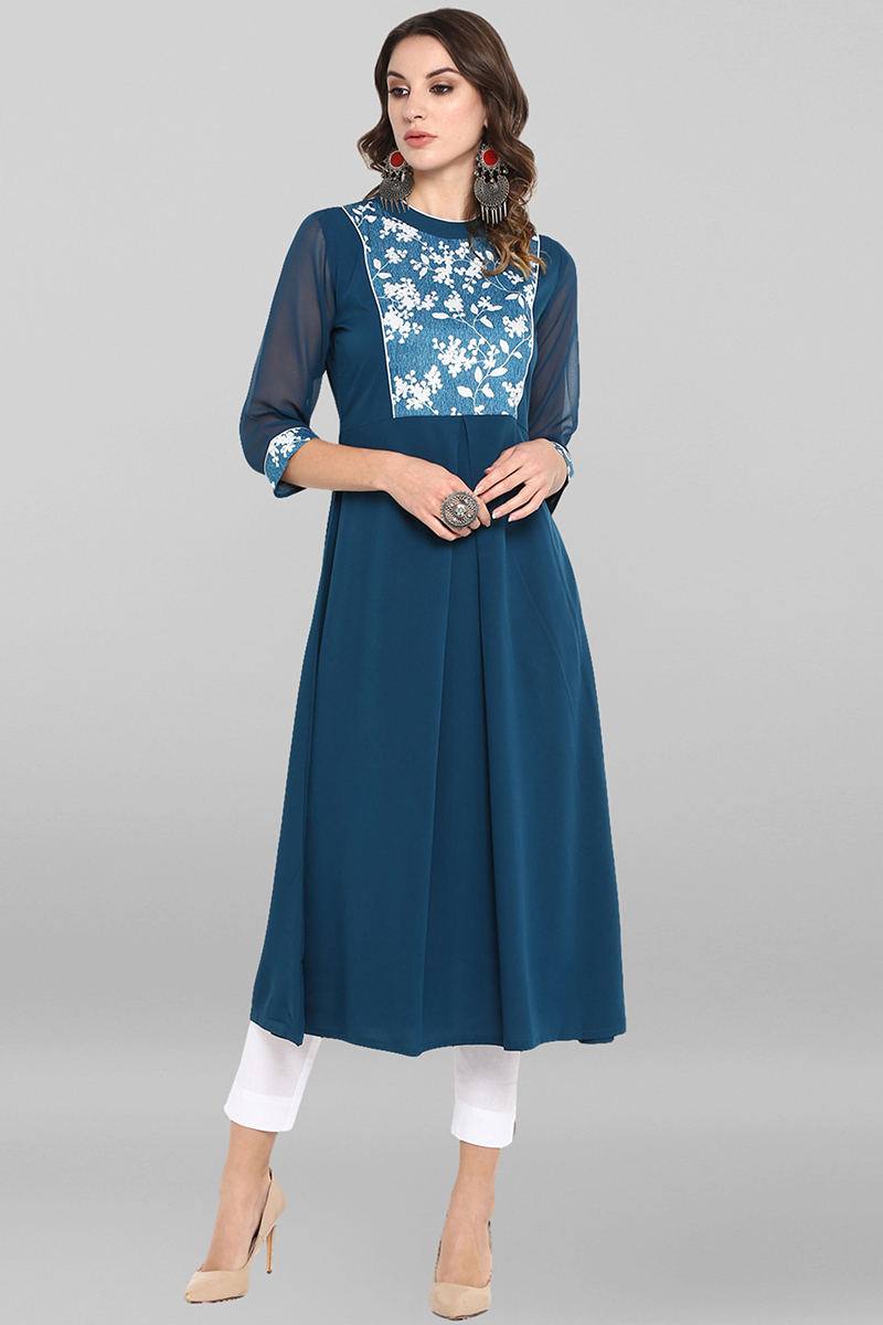 Trendy Teal Blue Poly Crepe Frock Style Kurti LKV001396