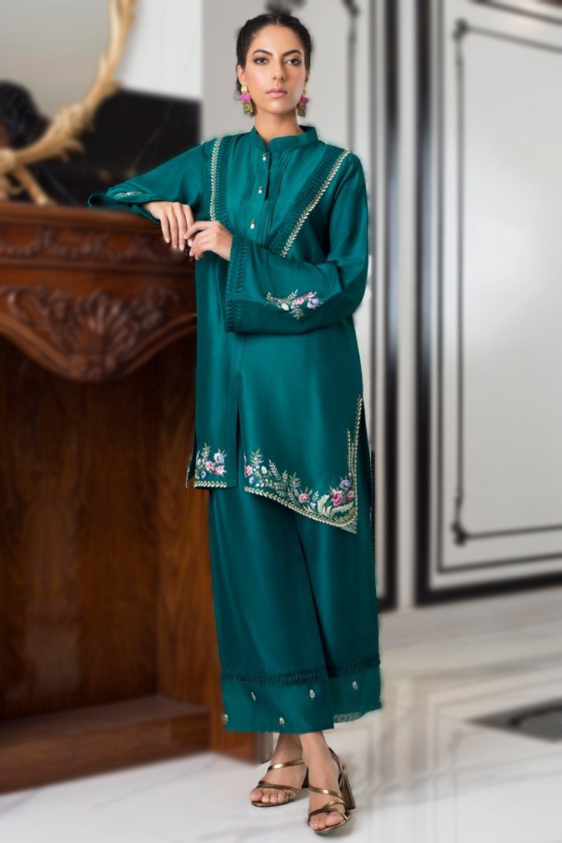 Best Seller Thread Work Embroidered Teal Blue Trouser Suit LSTV113326