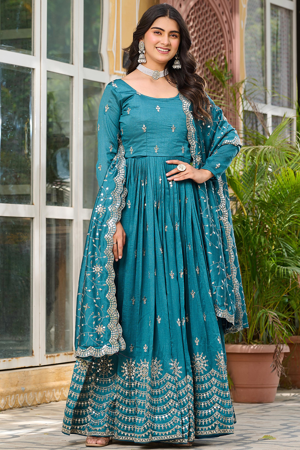 blue dress plus size near me Blue Color Bridal Wear Net Semi Stitched Anarkali Gown Dress – fashionnaari main image 0