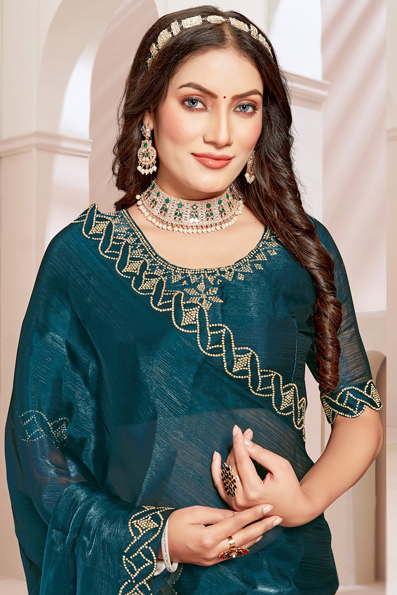 Teal Blue Stone Embellish Shimmer Chiffon Saree SARV182104