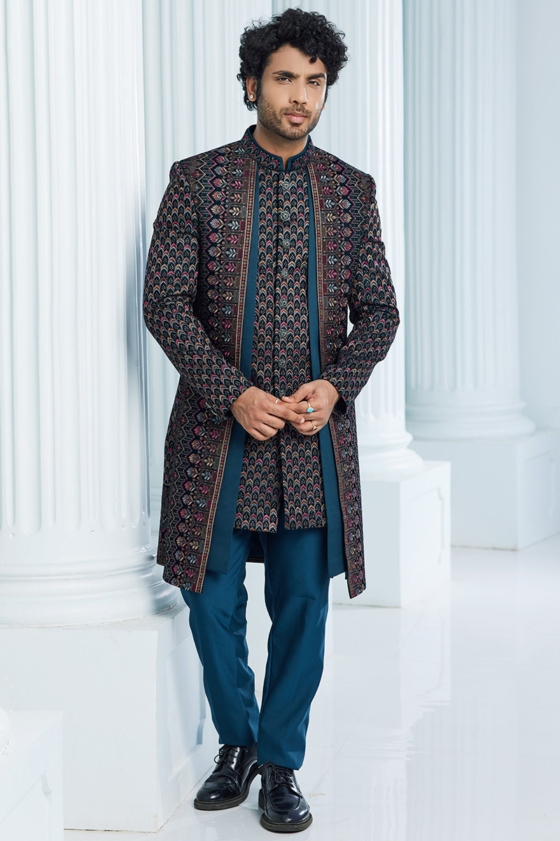 Teal Blue Velvet Embroidered Jacket Style Men's Sherwani MSTV03212