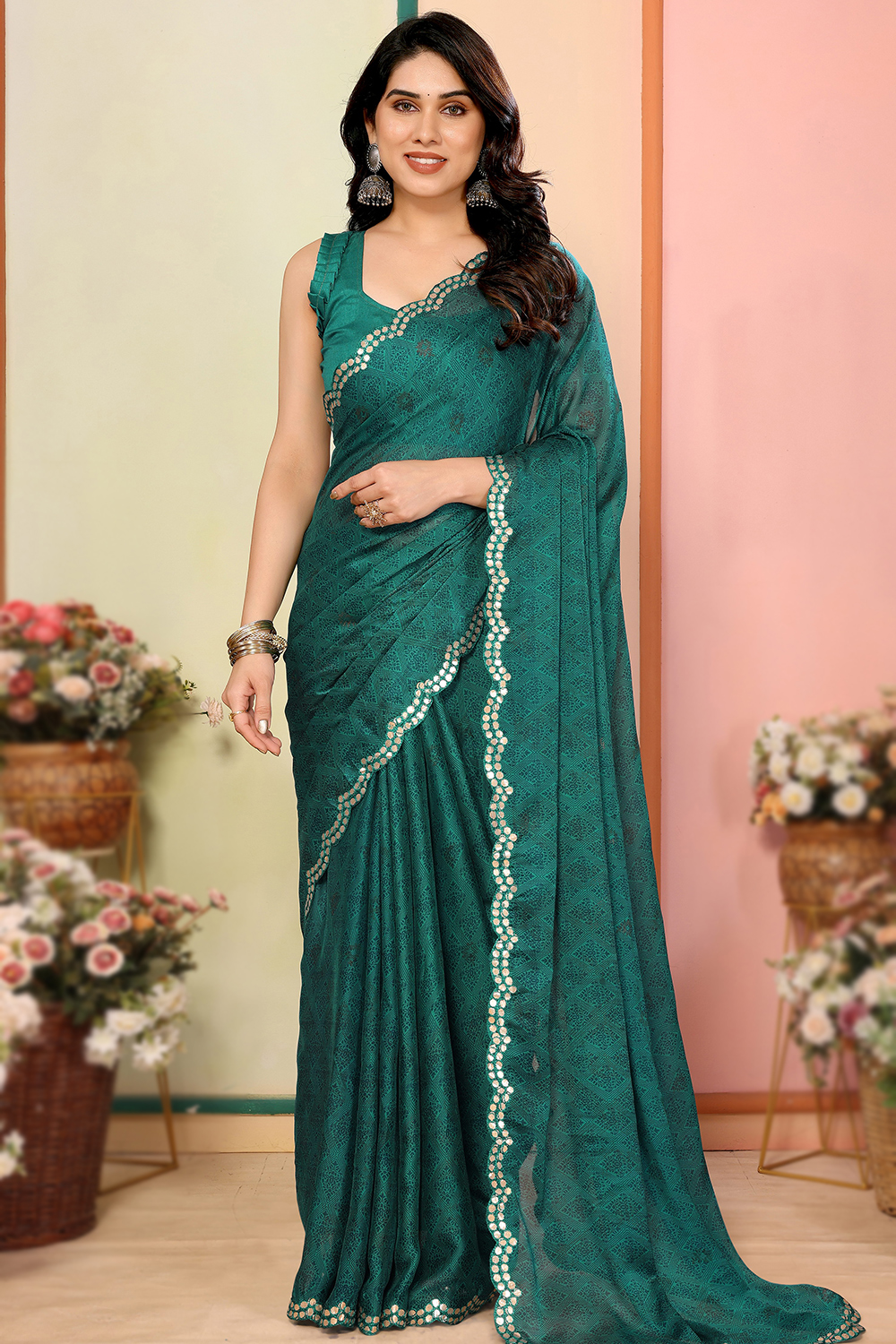 Green Satin Blouse with Statement Flower Green Satin Blouse with Statement Flower