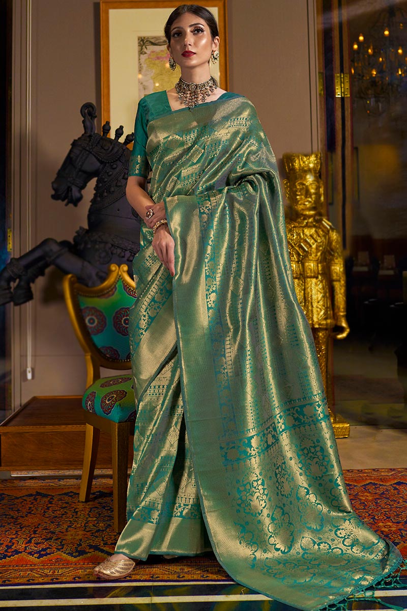 Teal Blue Chinon Silk Desigenr Zari Embroidered Ceremonial Saree main image 1