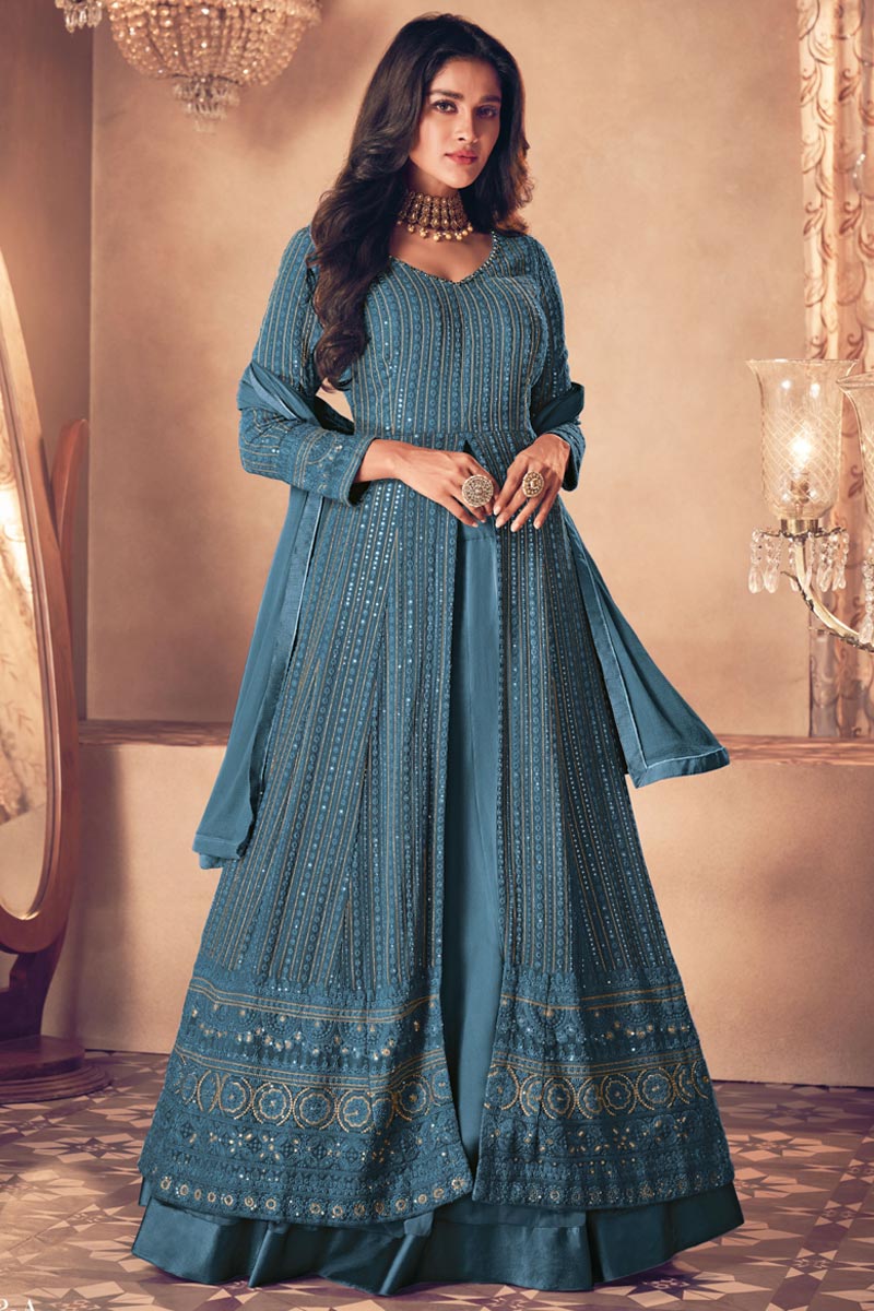 Thread Embroidered Georgette Prussian Blue Anarkali Suit