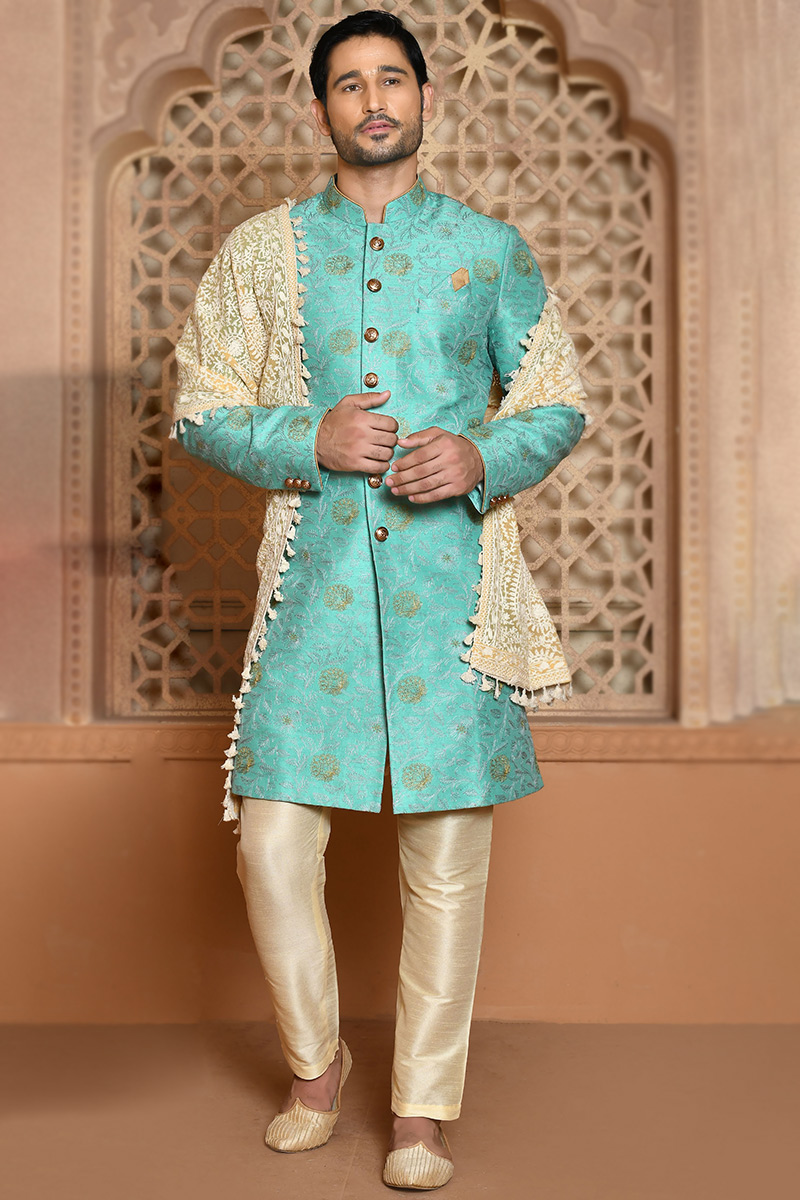 Plus Size Dresses Light Blue Men Sherwani with Thread Work MSTV02216