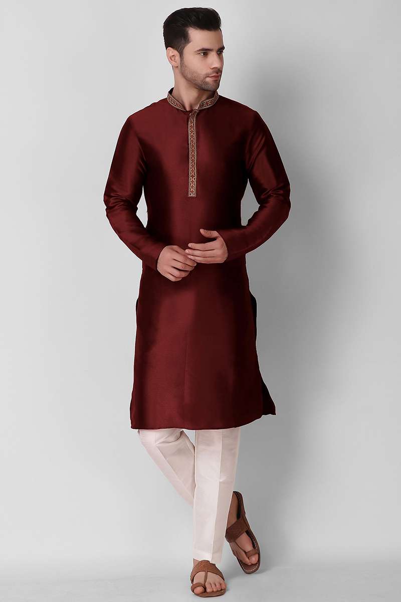 Thread Work Embroidered Art Silk Cherry Red Men Kurta With Trouser Pant