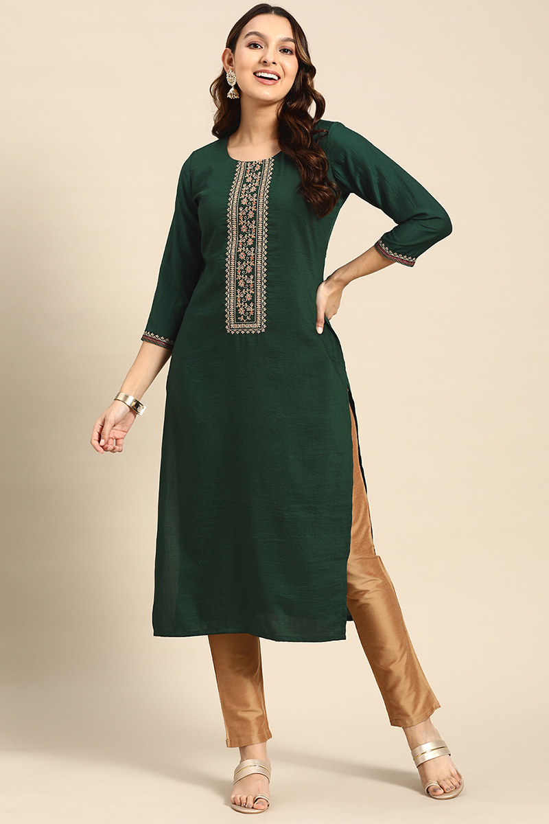 Order Online Thread Work Embroidered Cotton Rayon Bottle Green