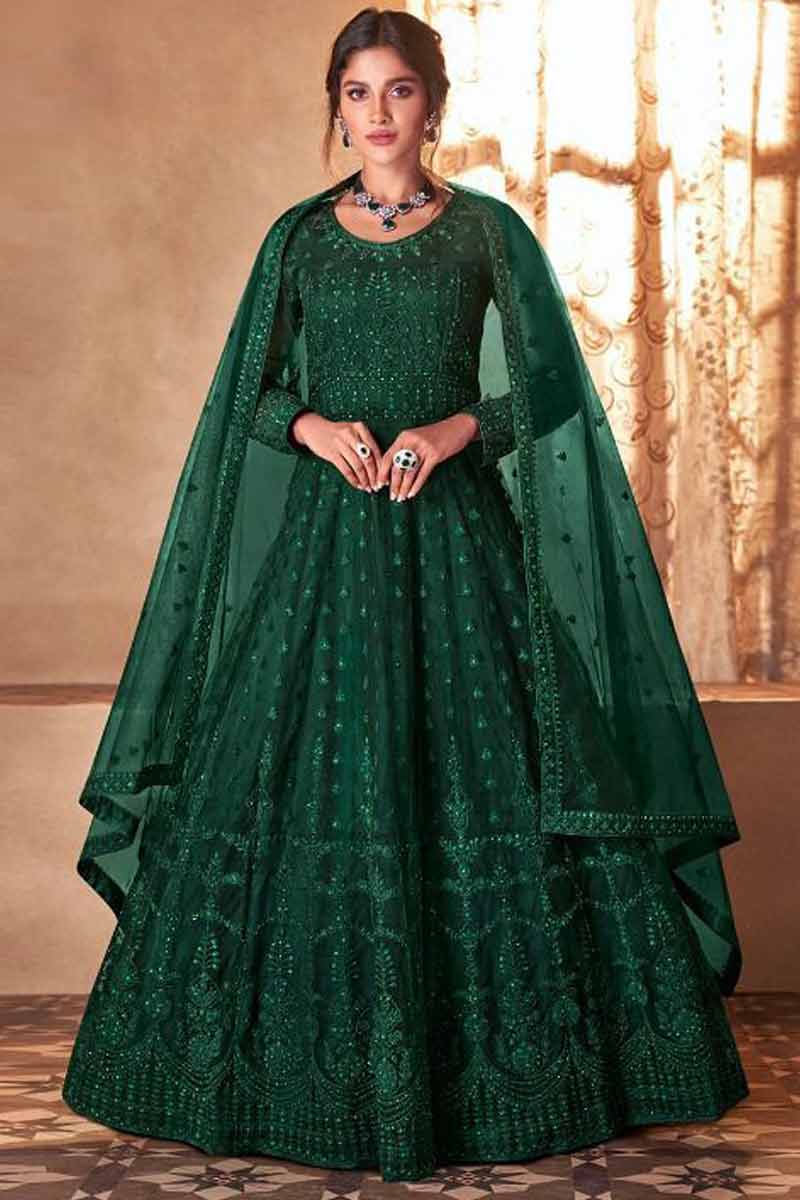 green emerald velvet dress Elegant Dark Green V-Neck Embellished Eid Dress with Rhinestone & Beaded  Detailing main image 1