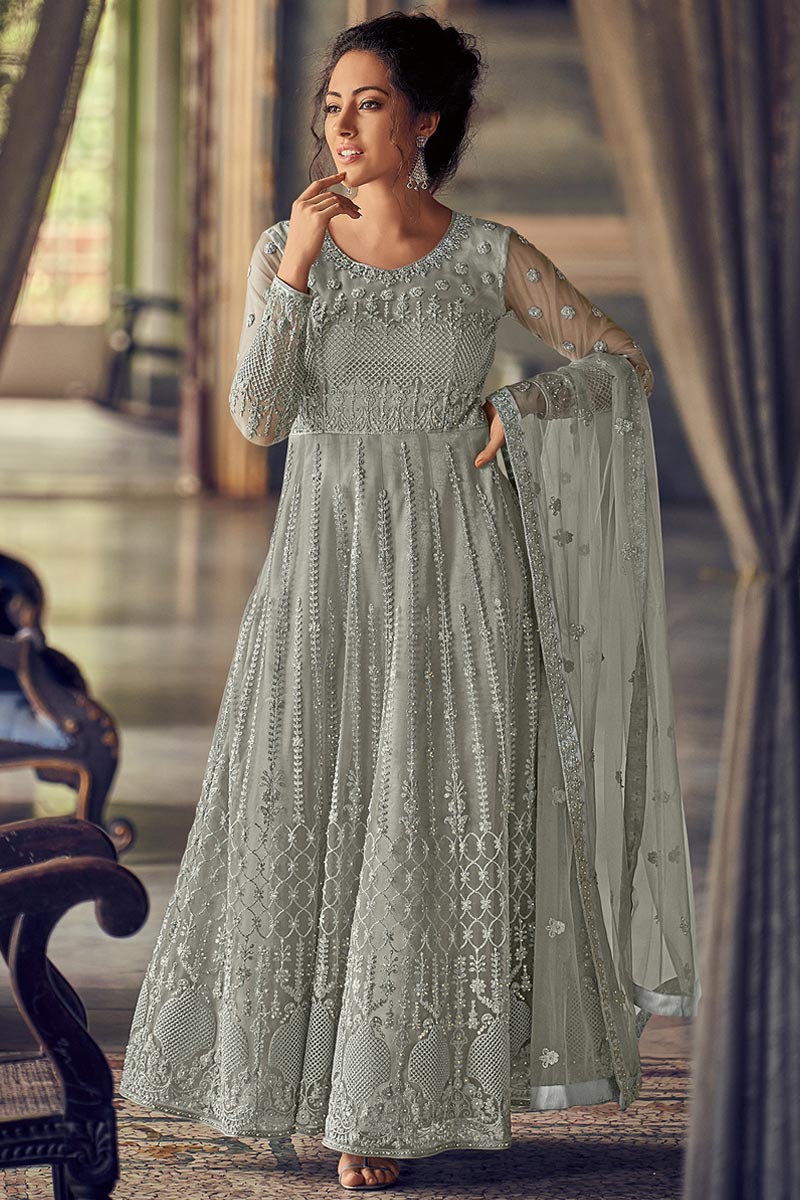 Thread Work Embroidered Net Light Grey Anarkali Suit