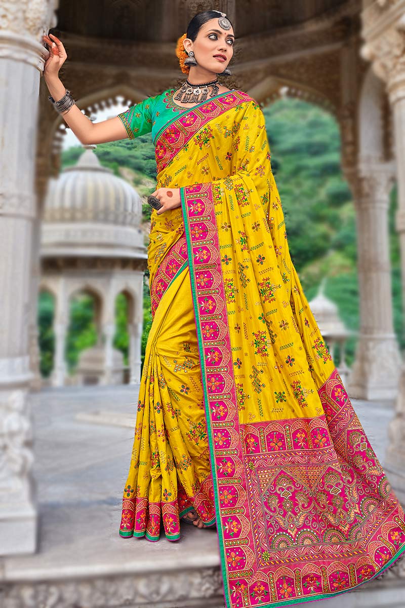 Thread Work Embroidered Satin Yellow Saree