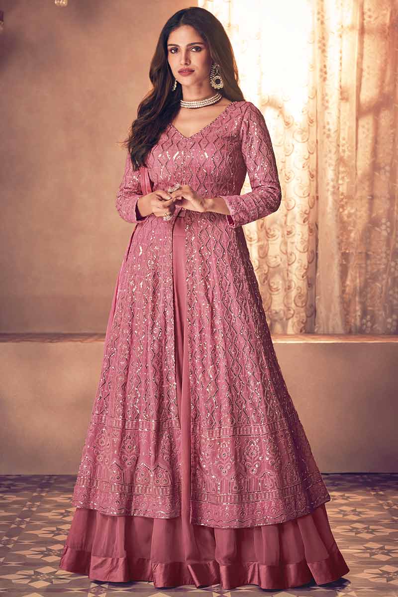 Thulian Pink Georgette Embriodered Anarkali Suit With Lehenga