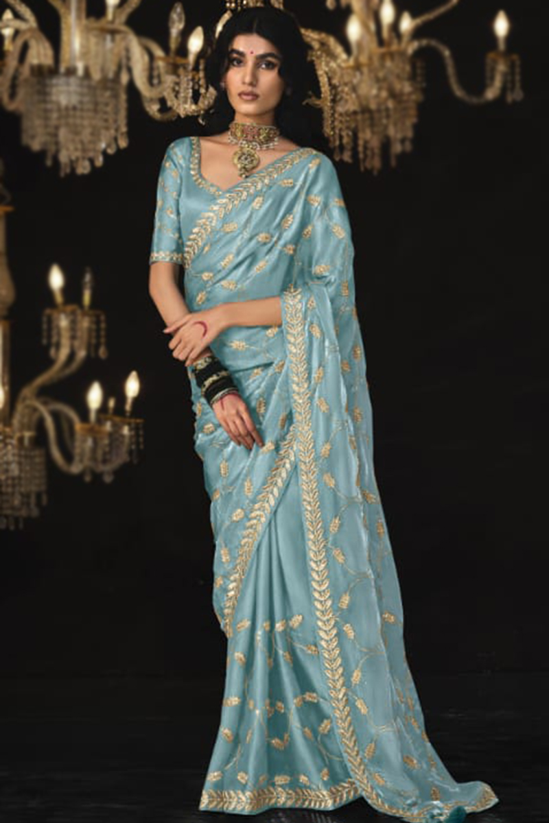 Trendy Tissue Light Blue Zari Embroidered Sangeet Saree|SARV178494 - Main Image