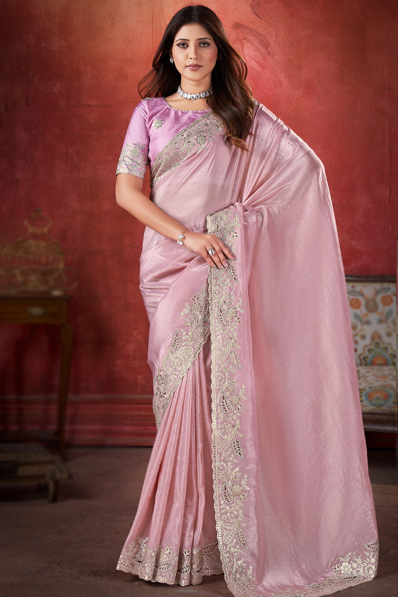 Tissue Silk Stone Embellished Pale Pink Light Weight Saree SARV175121
