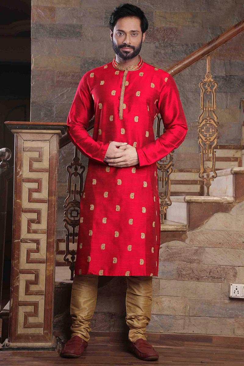 Buy Ethnic Wear Silk Tomato Red Men Kurta Pajama MKPA01455