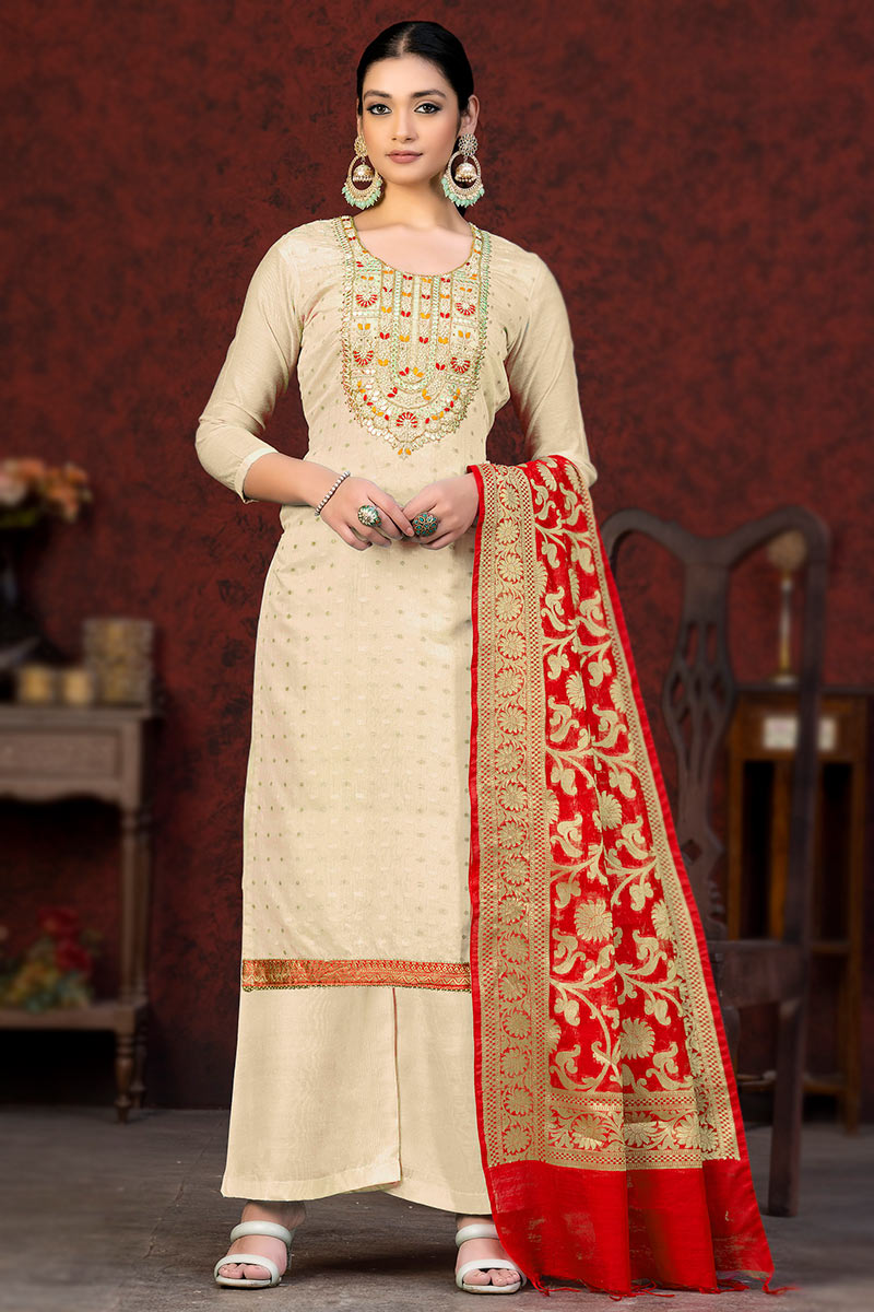 Traditional Dark Beige Embroidered Banarasi Silk Palazzo Suit LSTV124378