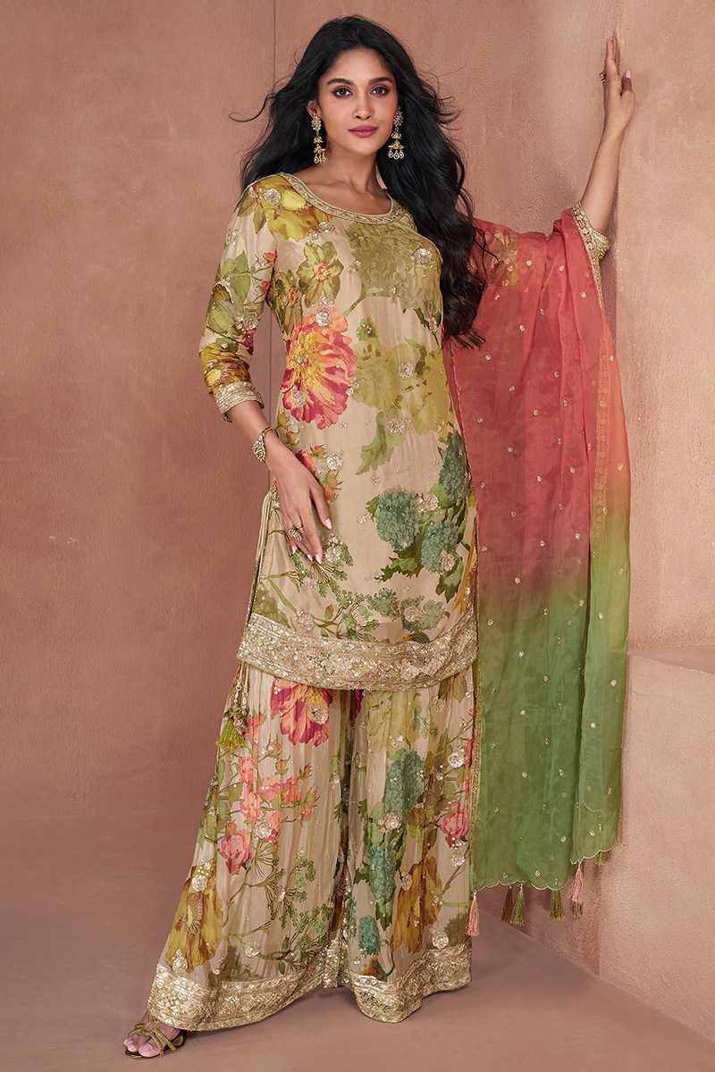 Indian/Pakistani Beige/Green Floral cheapest Indian sharara