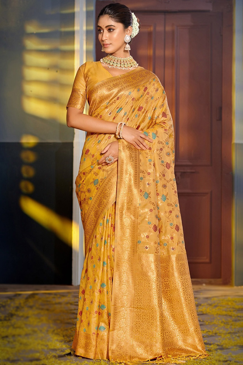 Hot Yellow Banarasi designer handloom saree for women traditional wedding saree exclusive Bollywood saree ethnic sari with blouse