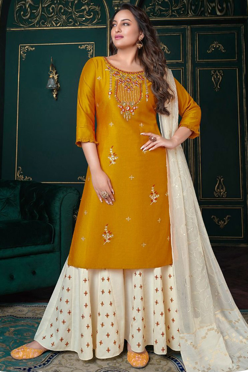 Silk Turmeric Yellow Party Wear Sharara Suit with Thread Work