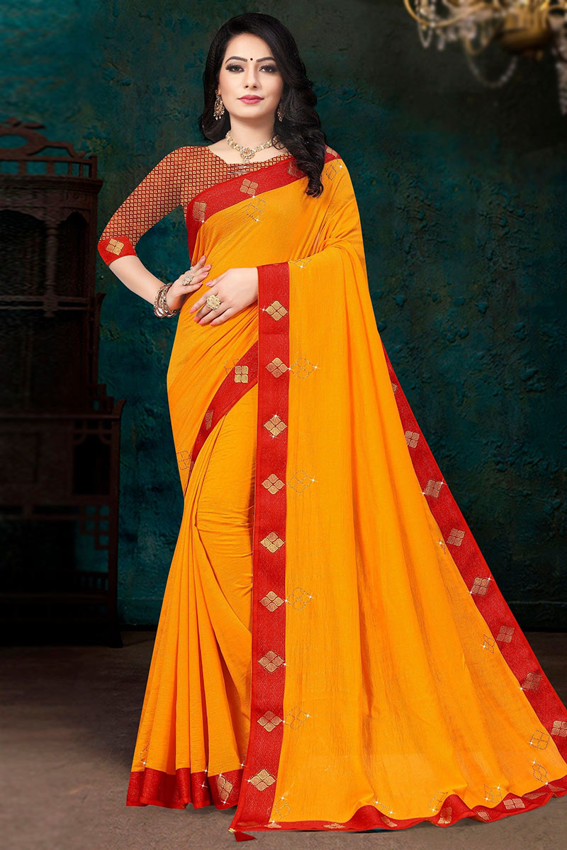 Best Lace Embroidered Silk Turmeric Yellow Saree|SARV135709