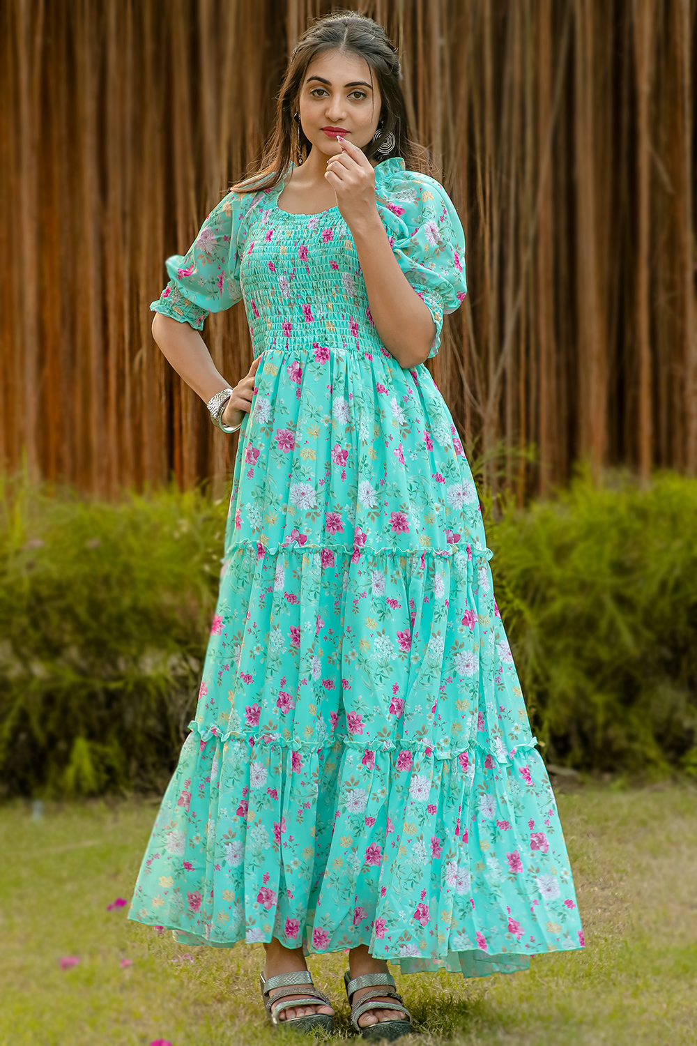 Turquoise Blue Georgette Printed Casual Wear Gown