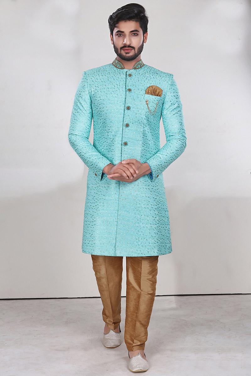 Men's Turquoise Robe Wedding Collection Online Turquoise Blue Men Sherwani with Resham Work ...