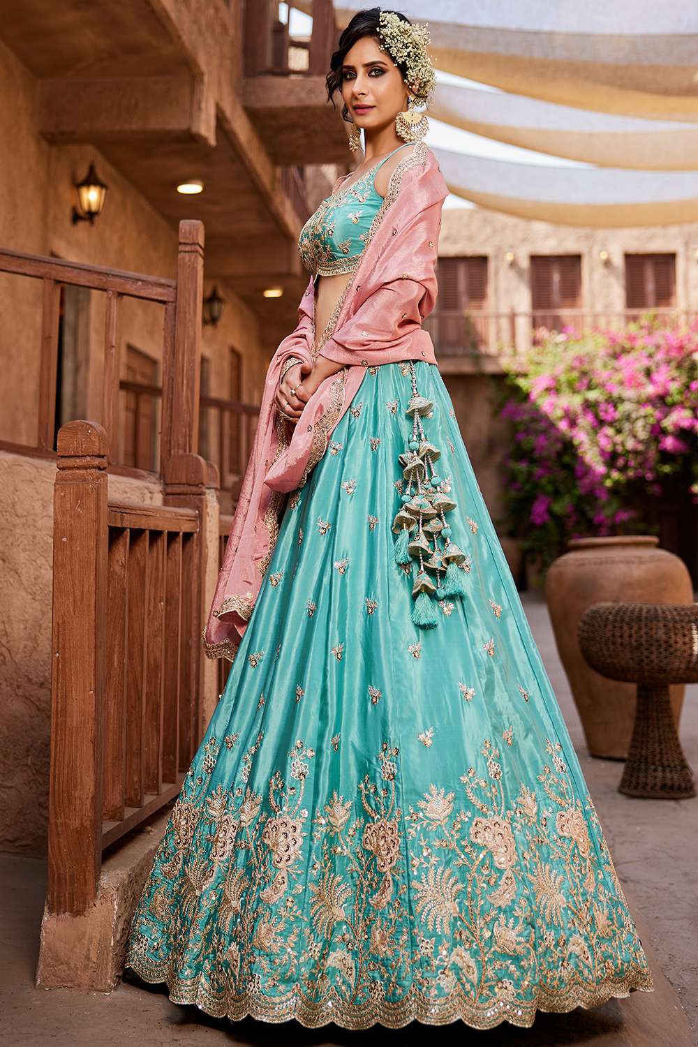 Turquoise Blue Silk Blend Embroidered Lehenga For Wedding - LLCV121595