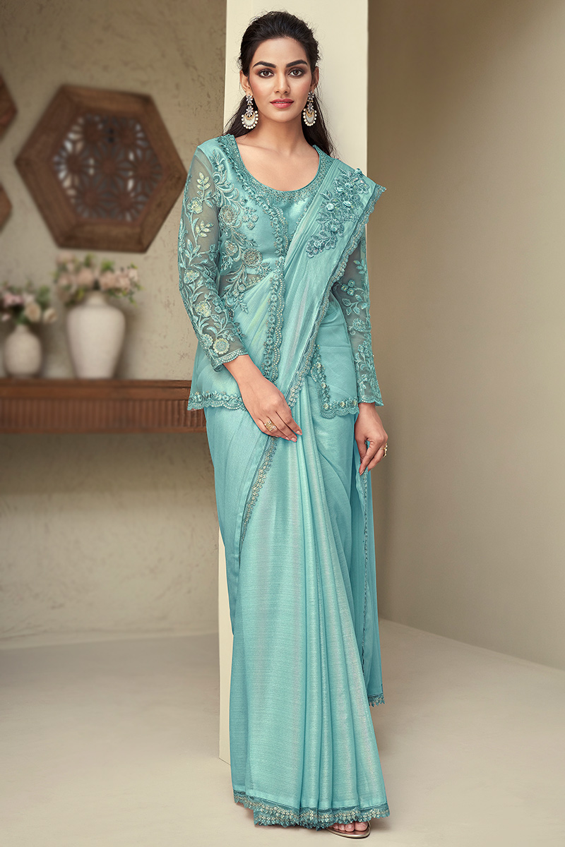Turquoise Blue Silk Embroidered Jacket Style Shimmer Saree SARV179060