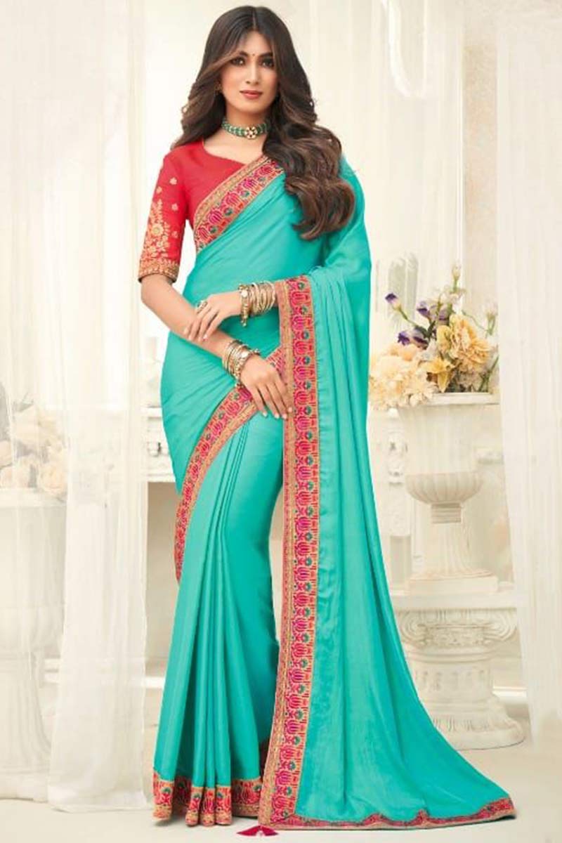 Turquoise Blue Soft Silk Saree With Embroidered Lace|SARV117641