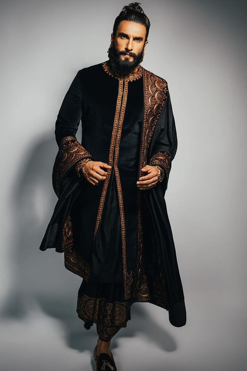 Velvet Black Embroidered Men's Dhoti Style Sherwani MSTV04261