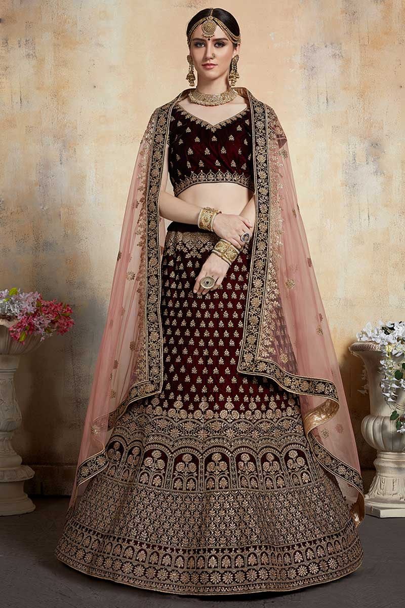 Dark Maroon Color Velvet Bridal Lehenga Choli With Embroidery Work