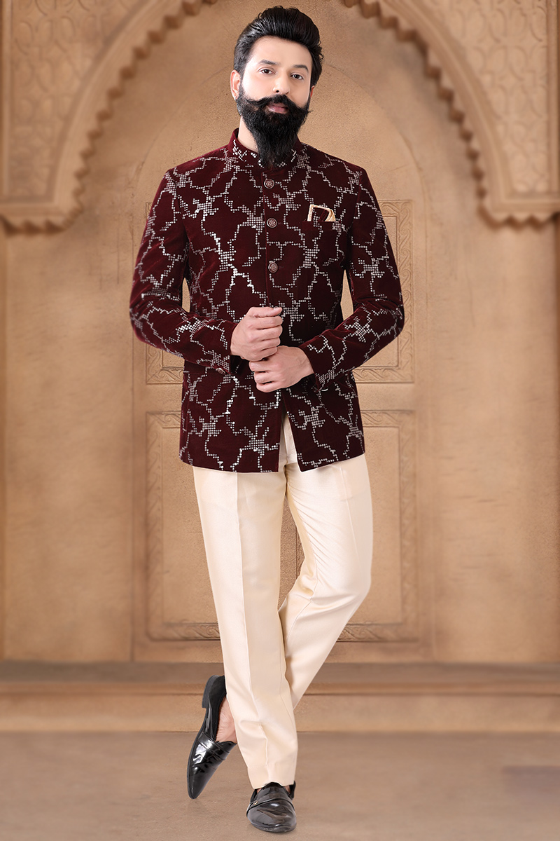 Sherwani For Men Maroon Velvet Jodhpuri Coat for wedding Sangeet Haldi Diwali Eid Custom Made Suit Ethnic Designer Exclusive 2024 Blazer Coat