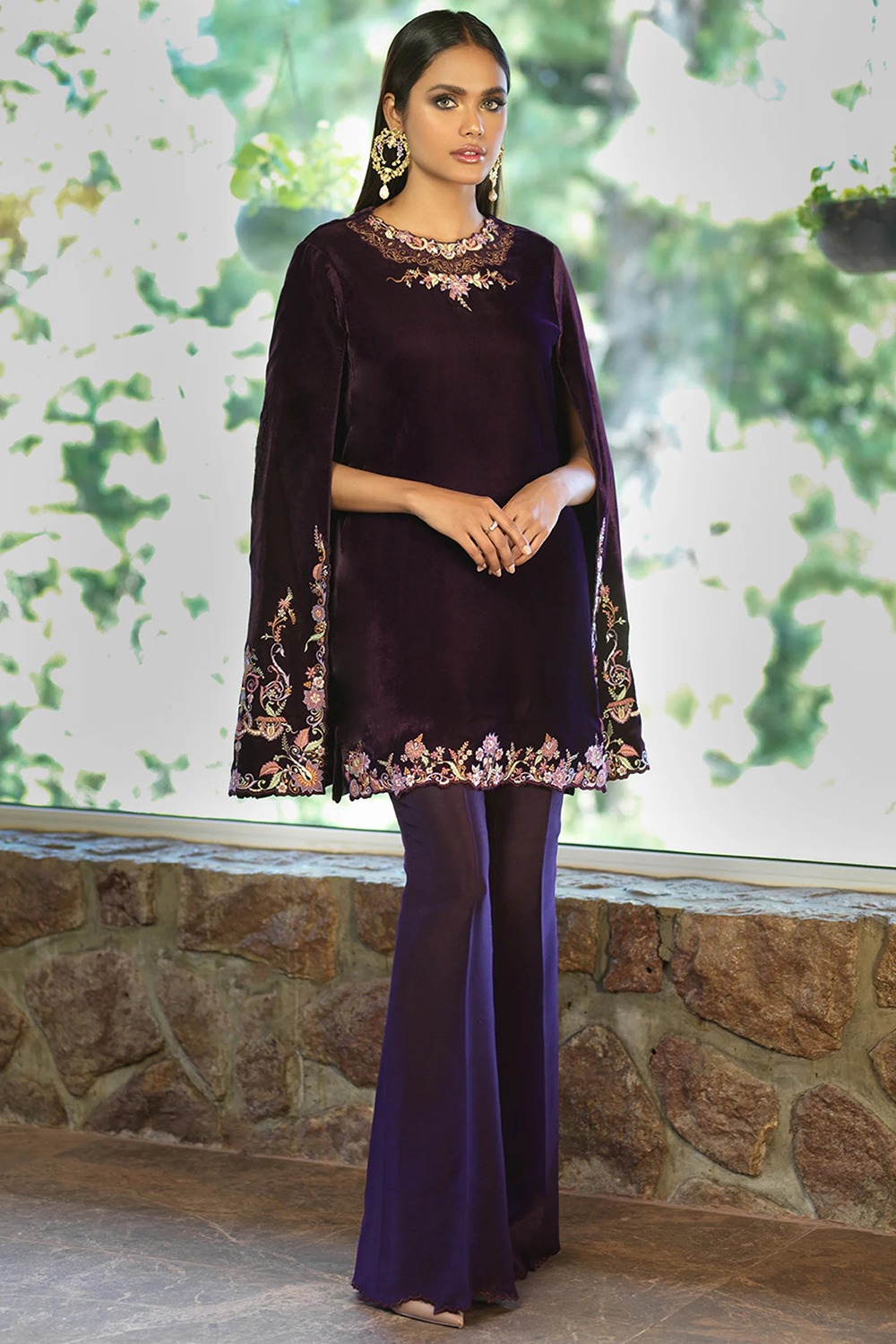 Velvet Dark Purple Embroidered Indo Western Palazzo Suit LSTV132536