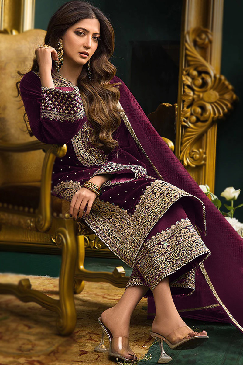 Velvet Dark Purple Embroidered Straight Cut Palazzo Suit LSTV126375