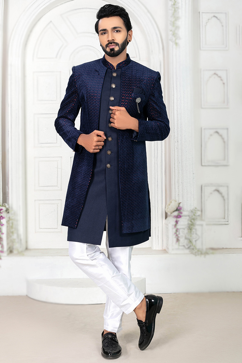 Velvet Embroidered Navy Blue Jacket Style Men's Sherwani MSTV02888