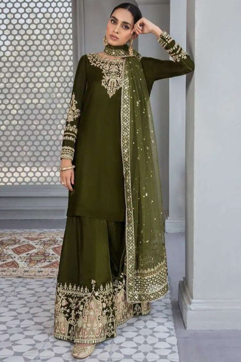 Women Olive Premium Net Embroidered Traditional Palazzo Suit main image 1