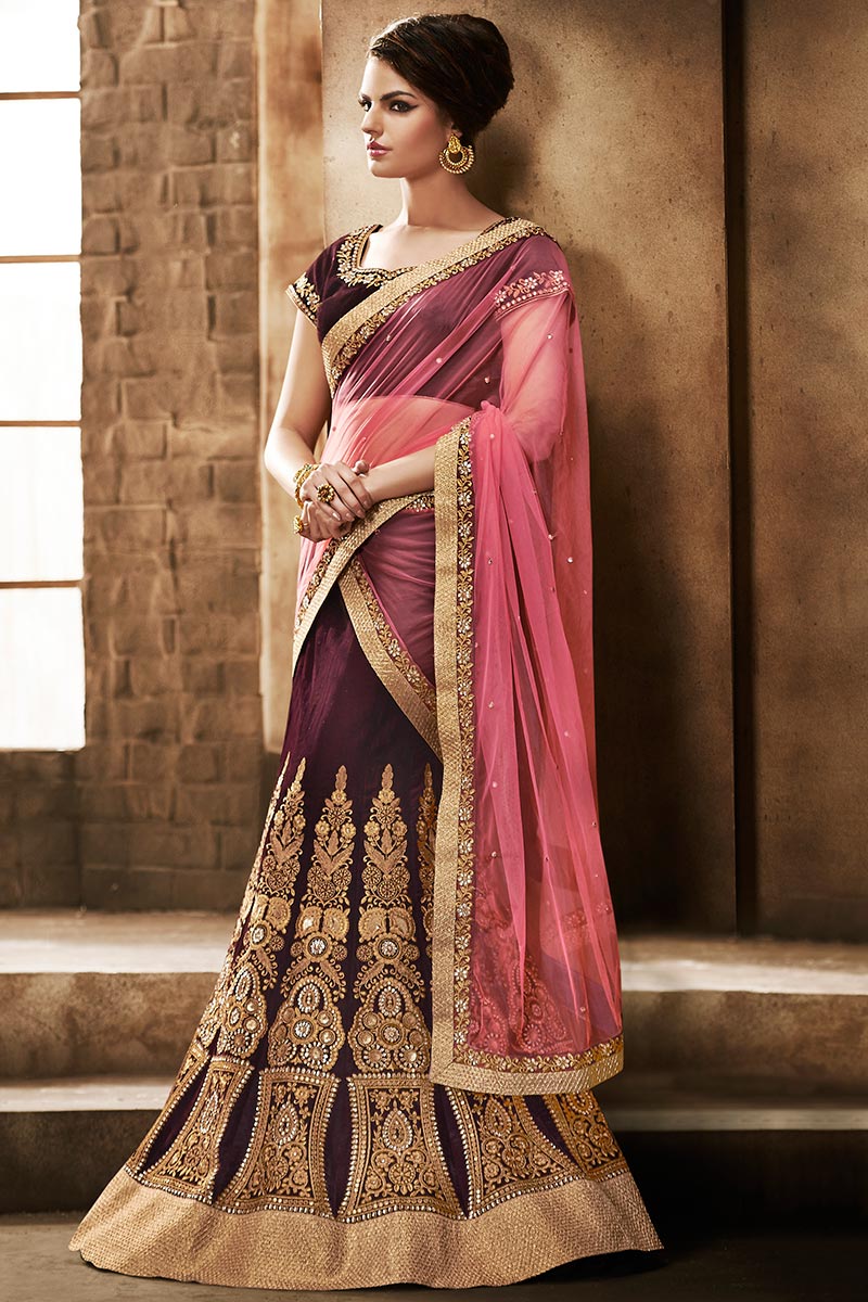 Buy Velvet Lehenga Saree In Dark Plum Purple Color Online SARV05560 Andaaz Fashion
