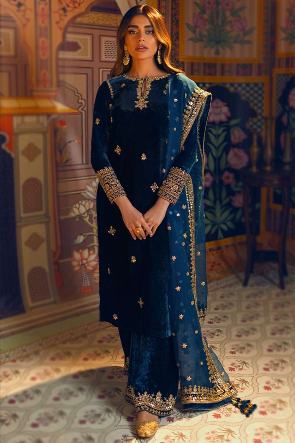 Women Wine Velvet Embroidered Palazzo Suit