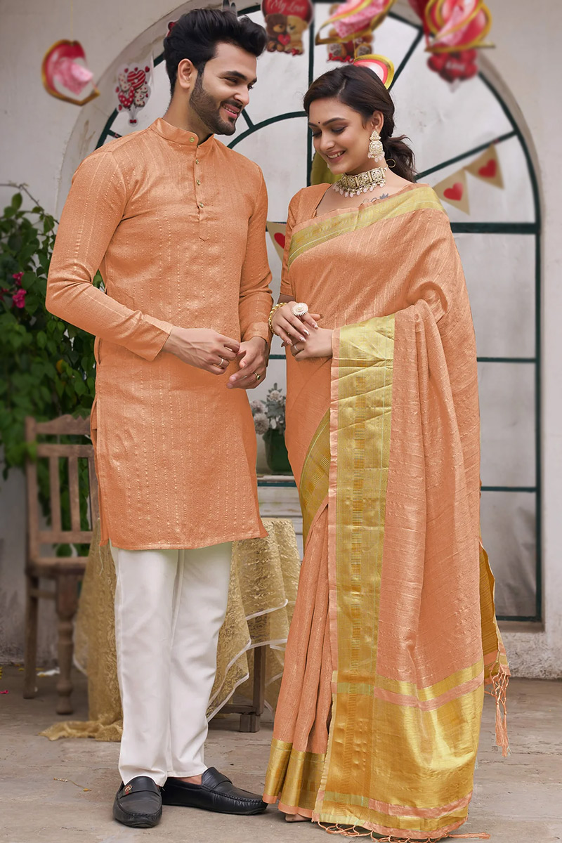 Weaved Coral Peach Silk Couple s Outfit SARV168369