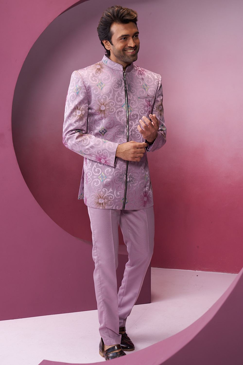 Weaved Thread Lavender Pink Silk Men's Bandhgala Suit MSTV04168