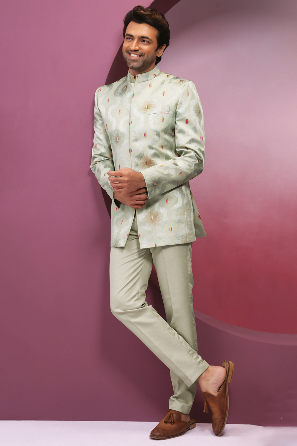Weaved Thread Silk Pistachio Green Men's Bandhgala Suit MSTV04166