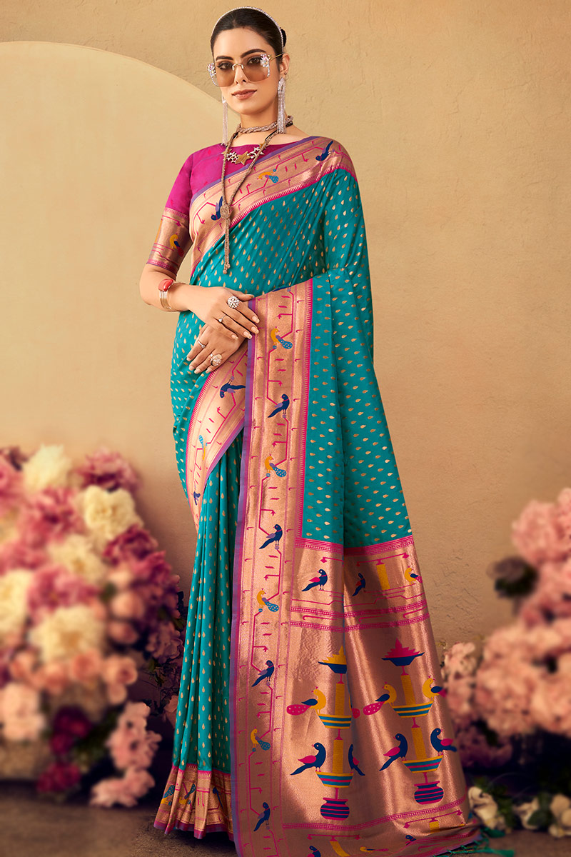 Light Chickoo Pink And Green Paithani Silk Saree hot For Woman Paithani Saree Organza Silk Paithani Saree Latest Paithani Saree