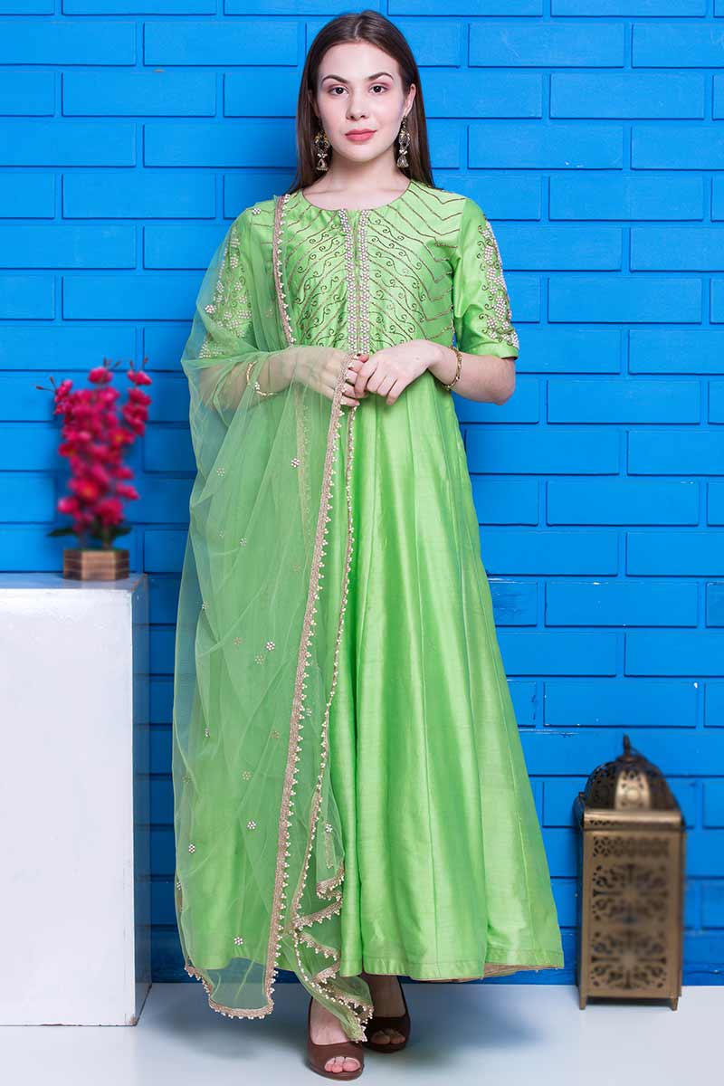 Buy Chanderi Silk Bright Green Embroidered Anarkali Suit LSTV112200
