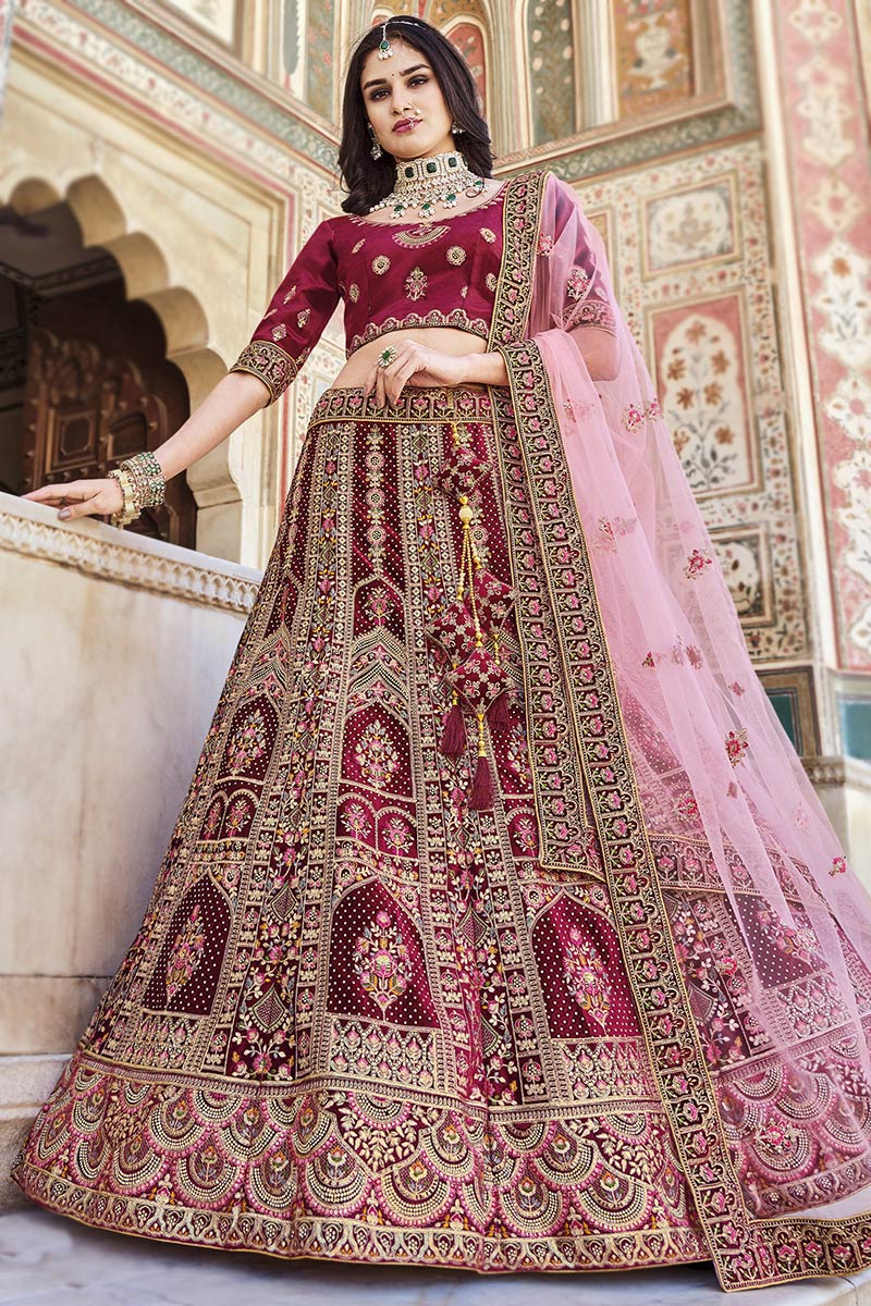 Wedding Wear Burgundy Maroon Embroidered Velvet Lehenga Choli LLCV116273