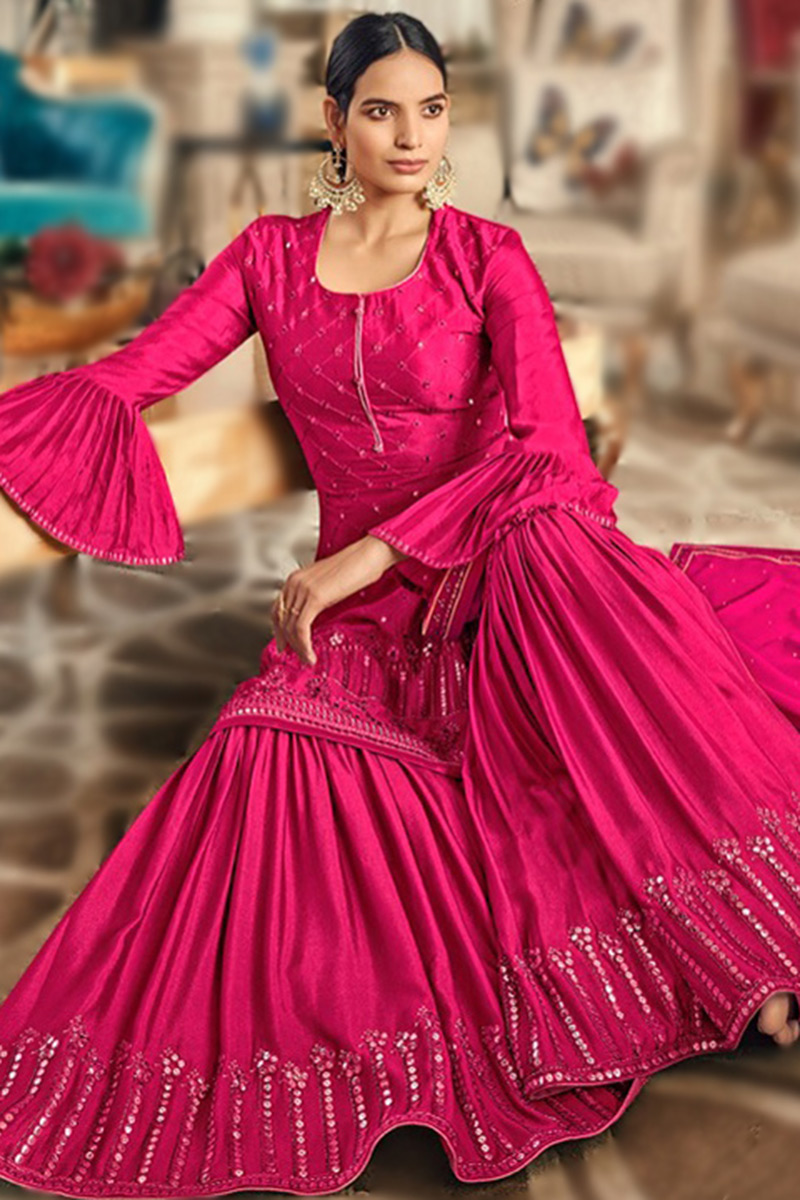 Wedding Wear Cerise Pink Embroidered Silk Sharara Suit
